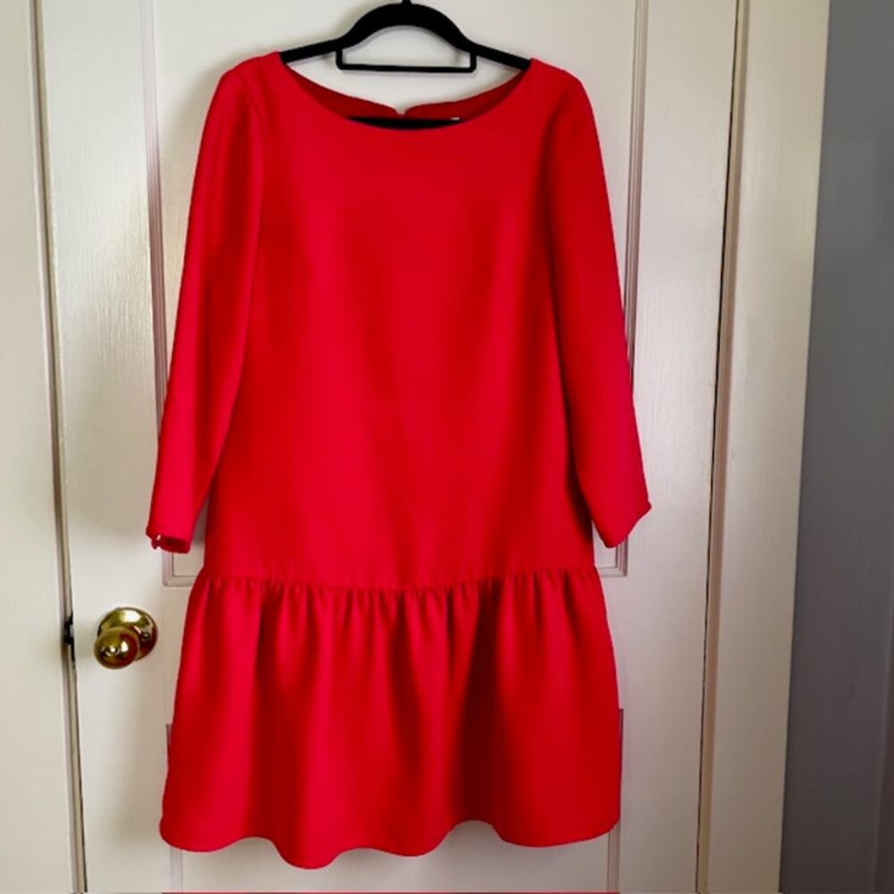 J Crew Red Shift Dress Size 4 Ruffle Hem 3/4 Sleeve Classic Mini - Picture 5 of 12